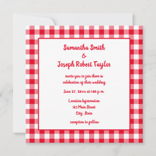 Invitación Boda de Cuadro Gingham Rojo y Blanco