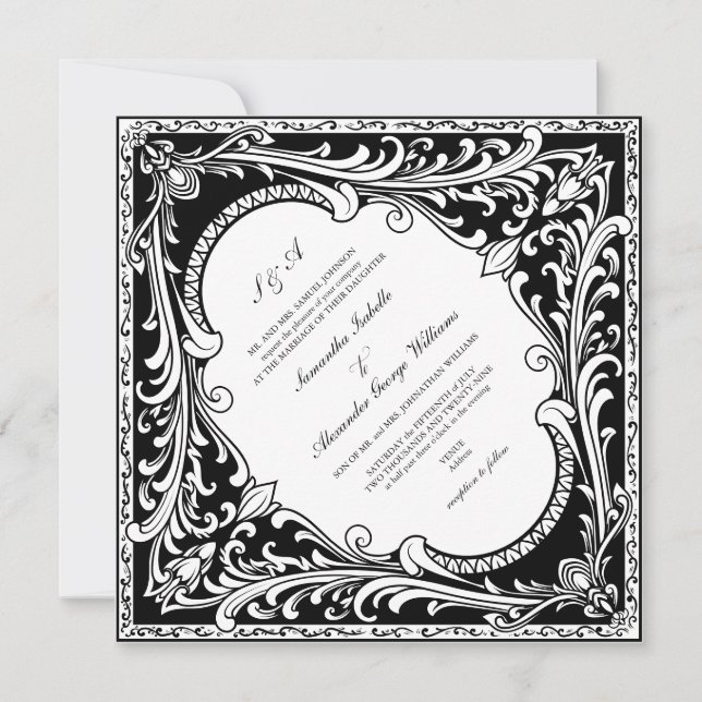 Invitación Boda de cuadro orgánico blanco y negro occidental (Anverso)