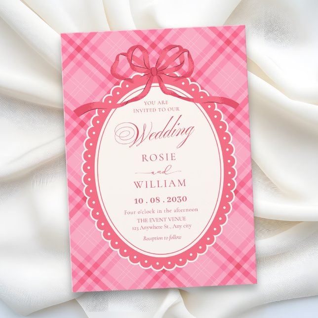 Invitación Boda de cuadros con lazo rosa (Subido por el creador)