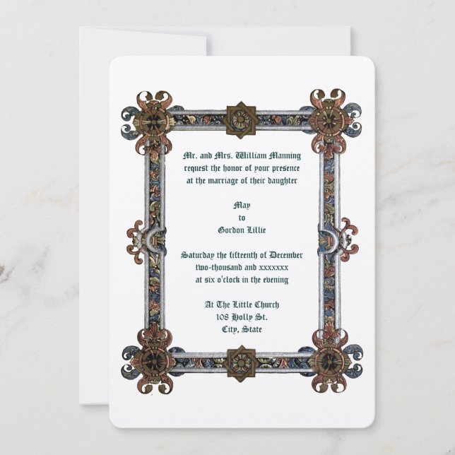 Invitación Boda de cuadros de estilo medieval iluminado (Anverso)