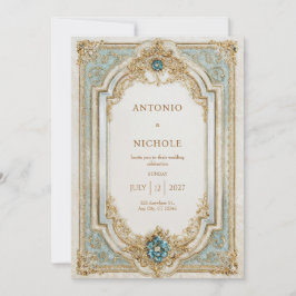 Invitación Boda de cuadros de órganos azul y oro victoriano