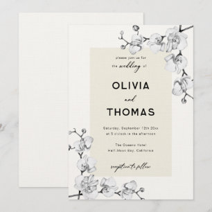 Invitación Boda de cuadros de orquídeas blancas negras clásic