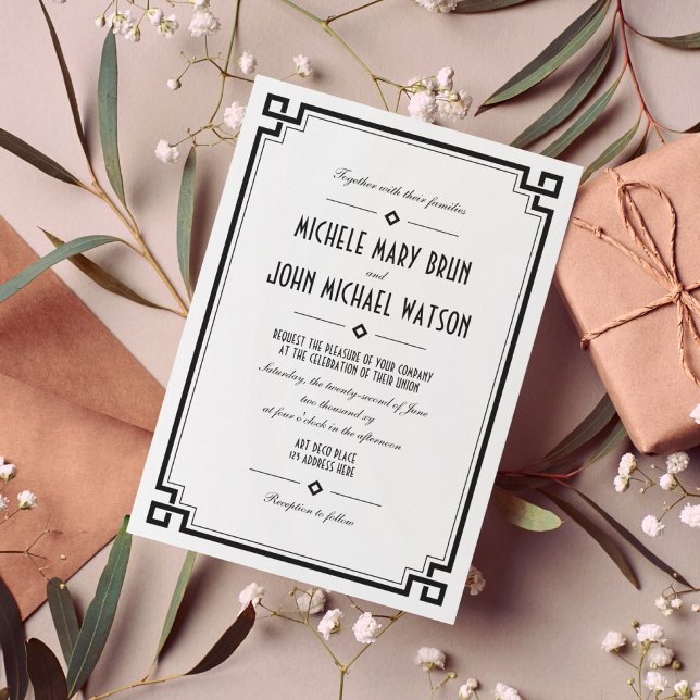 Invitación Boda de cuadros retro de Art Deco sencillo blanco (Subido por el creador)