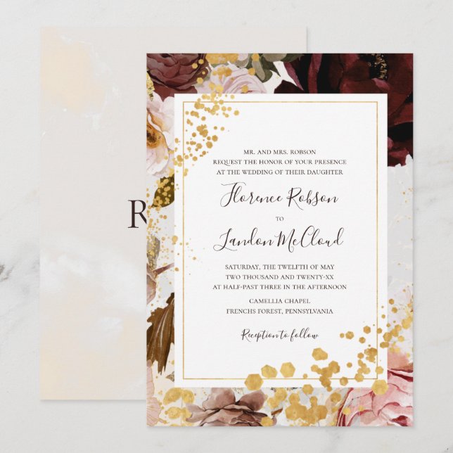 Invitación Boda de cuadros tradicionales de mármol floral mod (Anverso / Reverso)