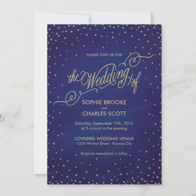 Invitación Boda de cuento azul y oro de estrellas encantadas (Anverso)