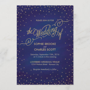 Invitación Boda de cuento azul y oro de estrellas encantadas