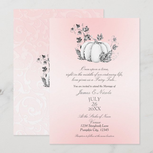 Invitación Boda de cuento de calabaza rosa y plateada de libr (Anverso / Reverso)