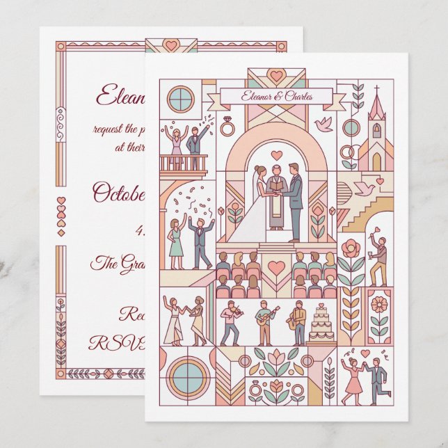 Invitación Boda de Cuento de Hadas Art Déco (Anverso / Reverso)