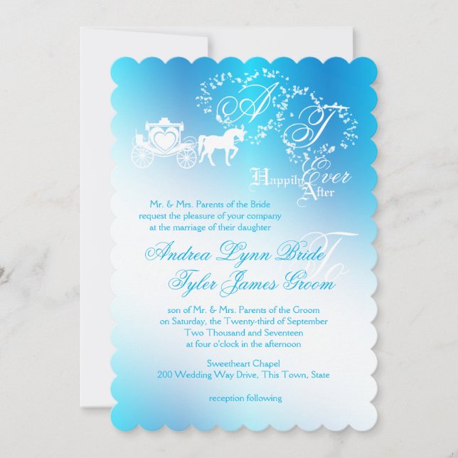 Invitación Boda de cuento de hadas Carrito Peacock Azul (Anverso)