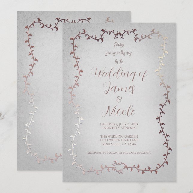 Invitación Boda de Cuento de Hadas con Hojas Botánicas Rosa D (Anverso / Reverso)