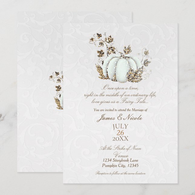 Invitación Boda de Cuento de Hadas de Calabaza Blanca Dorada  (Anverso / Reverso)