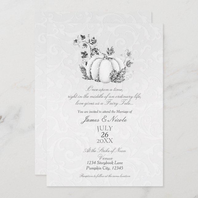 Invitación Boda de cuento de hadas de calabaza blanca platead (Anverso / Reverso)