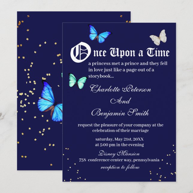 Invitación Boda de Cuento de Hadas Mariposa Azul Marino Única (Anverso / Reverso)