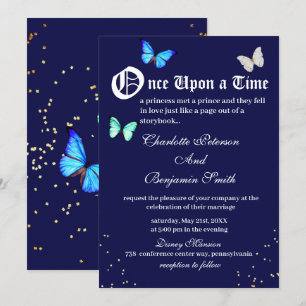 Invitación Boda de Cuento de Hadas Mariposa Azul Marino Única