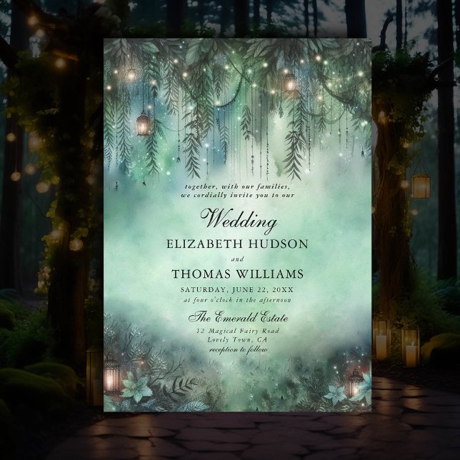 Invitación Boda de cuento de hadas oscuro encantado tema fore (dark fairytale wedding invitation enchanted forest theme emerald green magic fairy lights greenery)