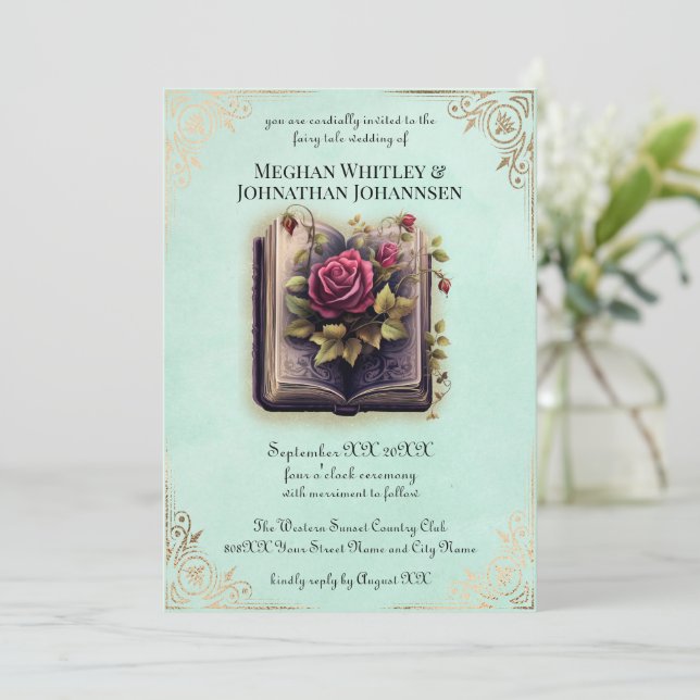 Invitación Boda de cuento de hadas románticas en Verde azulad (Anverso de pie)
