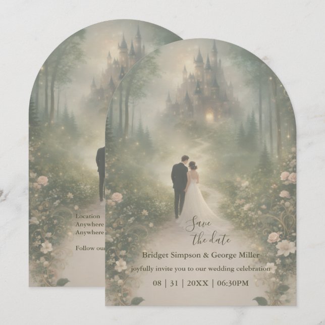 Invitación Boda de Cuento de Hadas Romántico en un Castillo f (Anverso / Reverso)