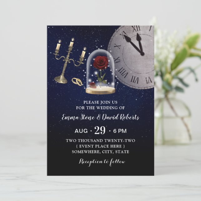 Invitación Boda de cuento de hadas Rosa Flor Domo Starry Nigh (Anverso de pie)
