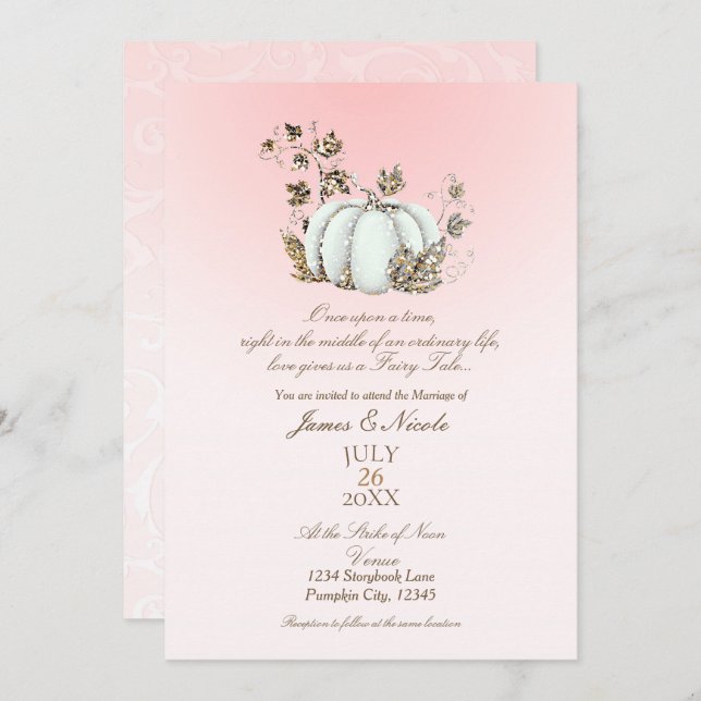 Invitación Boda de cuento de hadas rosa y calabaza blanca (Anverso / Reverso)