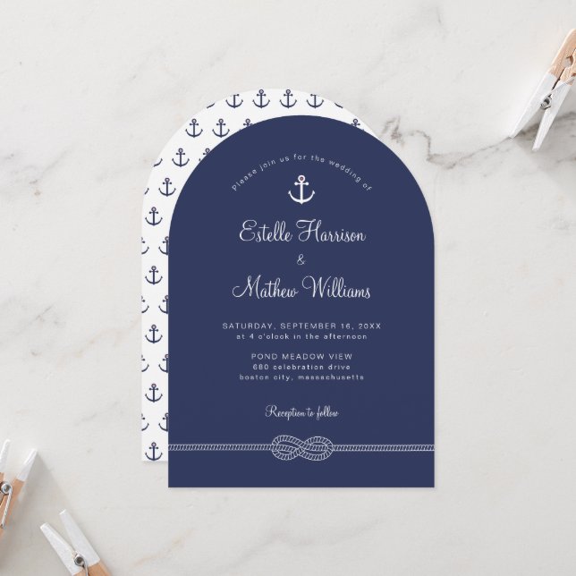 Invitación Boda de Cuerda de Ancla Azul Marítimo (Anverso/Reverso In Situ)