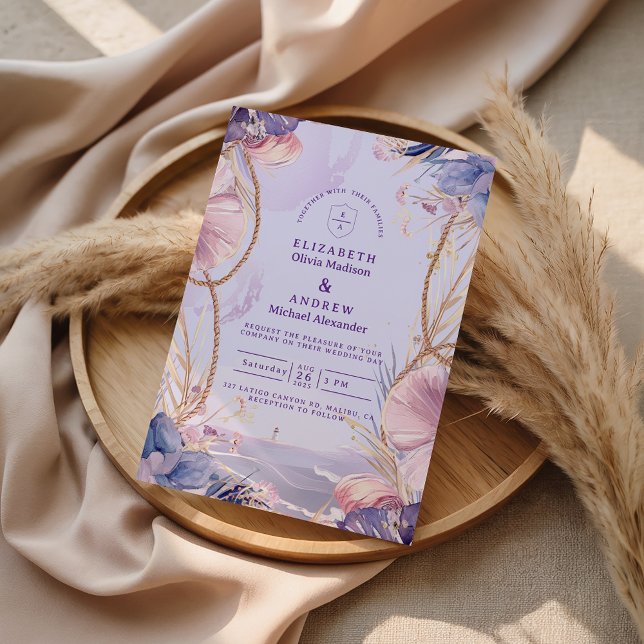 Invitación Boda de cuerda de concha marina costera de lavanda (Subido por el creador)