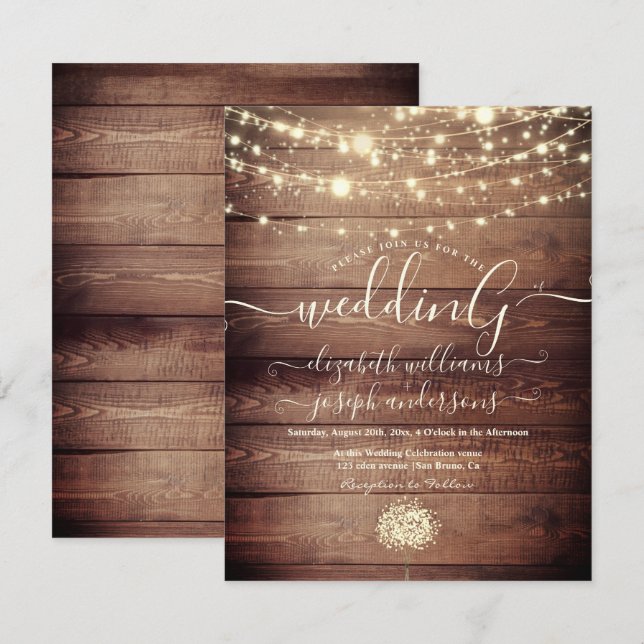 Invitación Boda de cuerda de Madera Rústica Natural y Luz Bla (Anverso / Reverso)