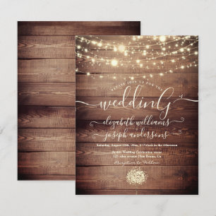 Invitación Boda de cuerda de Madera Rústica Natural y Luz Bla