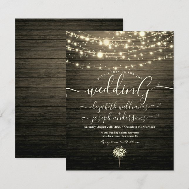 Invitación Boda de cuerdas de madera rústica moderna y luz bl (Anverso / Reverso)
