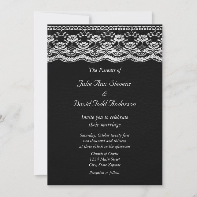 Invitación Boda de cuero negro y blanco y encaje (Anverso)