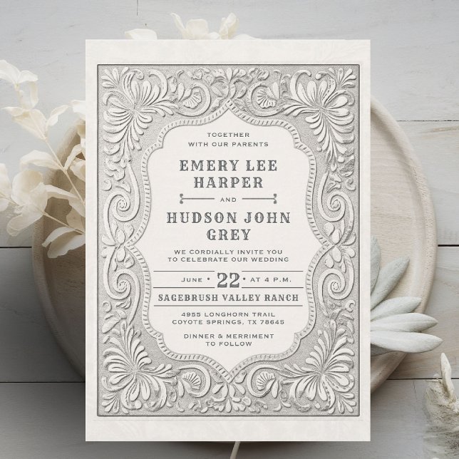 Invitación Boda de Cuero Rústico Occidental del País (cowboy wedding invitation tooled leather effect elegant country western barn backyard black white)
