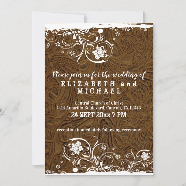 Invitación Boda de cuero rústico y encaje (Anverso)