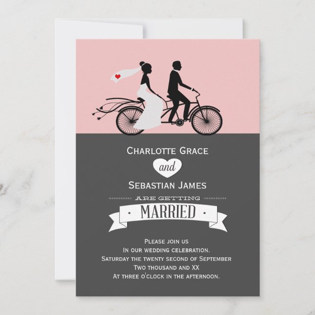 Invitación Boda De Cute Tandem Bike Bride Y Groom (Anverso)