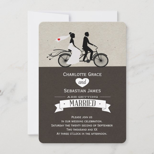 Invitación Boda De Cute Tandem Bike Bride Y Groom (Anverso)