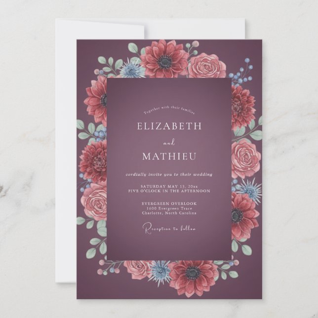 Invitación Boda de Dahlia Coral Ciruela (Anverso)