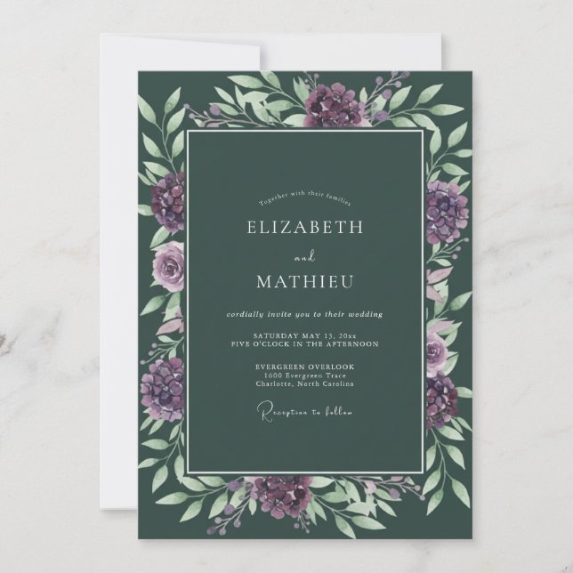 Invitación Boda de Dahlia de Ciruela Profunda (Anverso)
