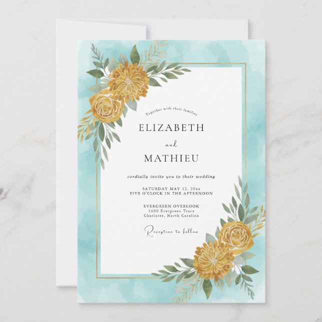 Invitación Boda de Dahlia Dorada Cian (Anverso)