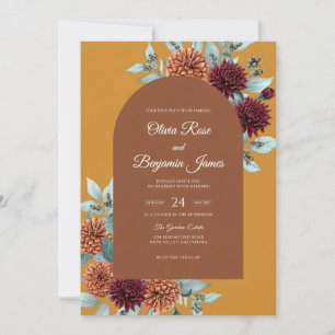 Invitación Boda de Dahlia Granate Mostaza Botánica