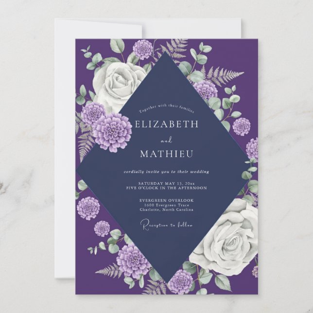 Invitación Boda de Dahlia Morada Profunda (Anverso)
