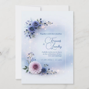 Invitación Boda de Dahlia Rosada Marco Floral Azul