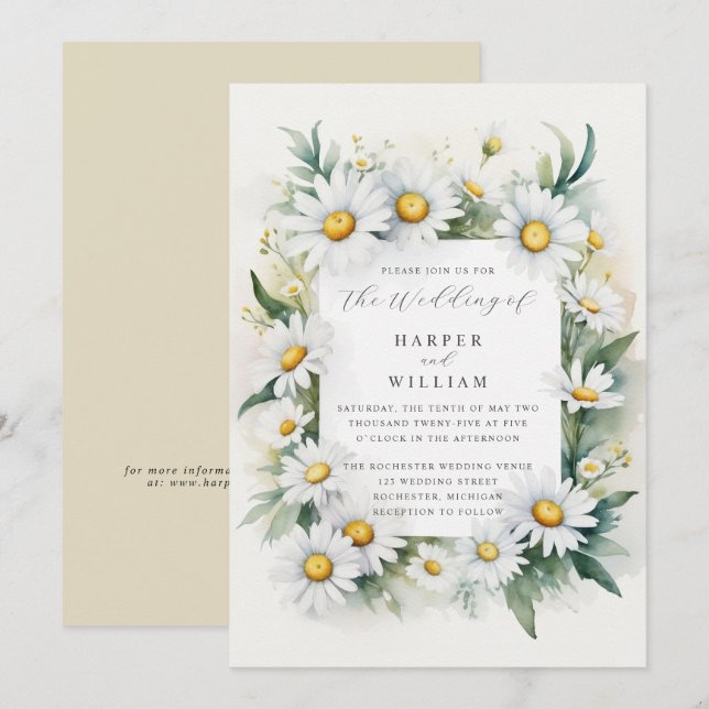 Invitación Boda de daisies acuarela (Anverso / Reverso)