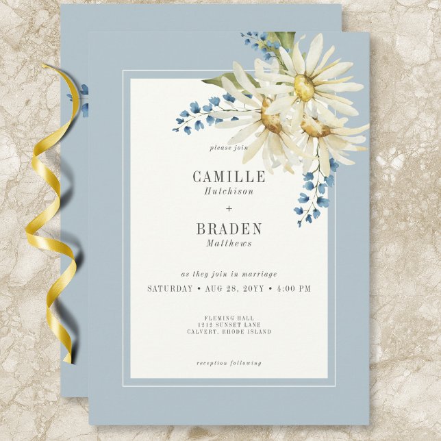 Invitación Boda de Daisies Rústicos Azules y Blancos (Rustic Blue & White Daisies Wedding Invitation)