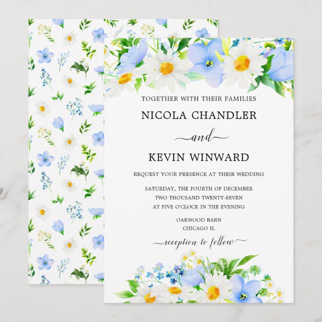 Invitación Boda de Daisy elegante y No me olvides (Anverso / Reverso)
