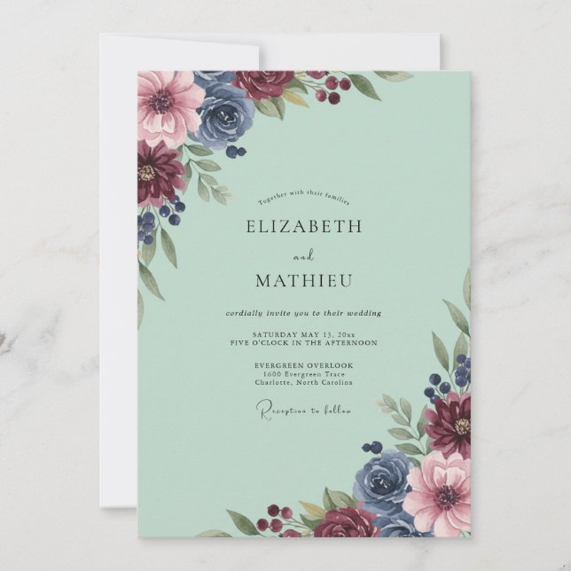 Invitación Boda de Dalia Burgundy Menta (Anverso)