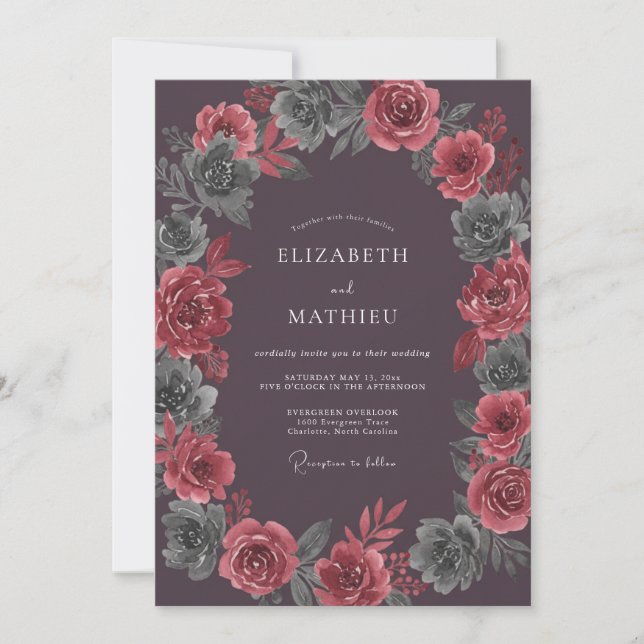 Invitación Boda de Dalia Carmesí Ciruela (Anverso)