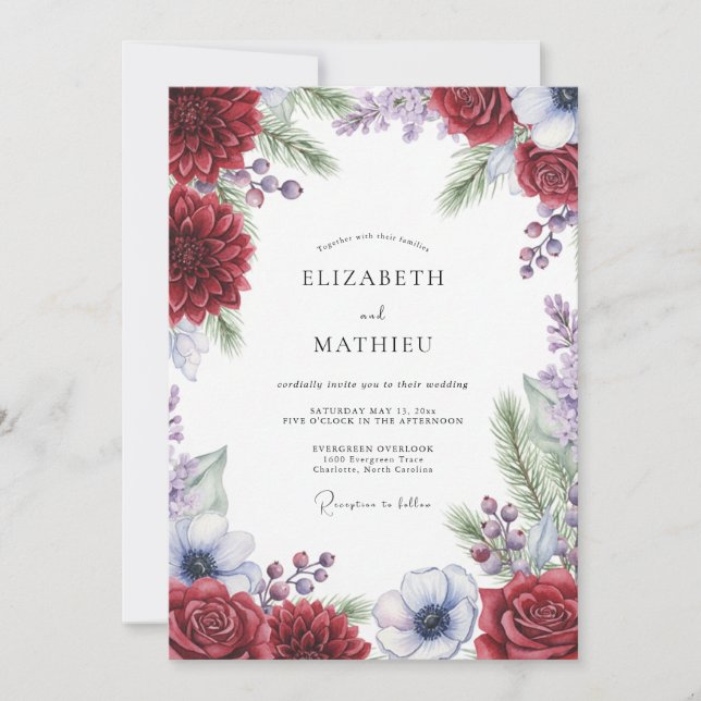 Invitación Boda de Dalia de Periwinkle Carmesí (Anverso)