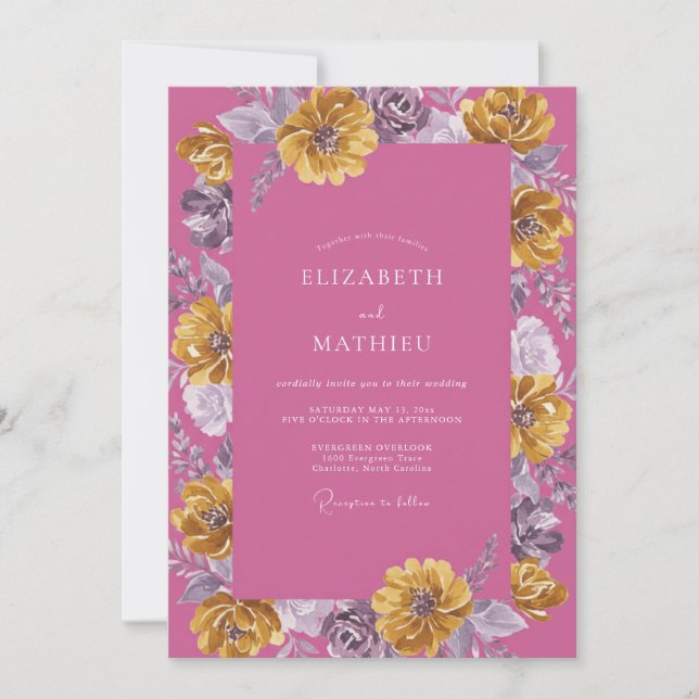 Invitación Boda de Dalia Dorada Magenta (Anverso)
