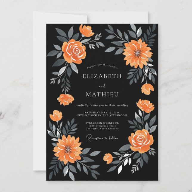 Invitación Boda de Dalia Naranja Negra (Anverso)