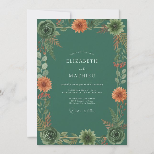 Invitación Boda de Dalia Naranja Oxidada (Anverso)