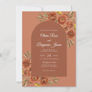 Invitación Boda de dalias con naranja quemada dorada