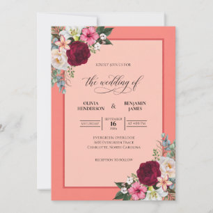Invitación Boda de dalias coral burgundy
